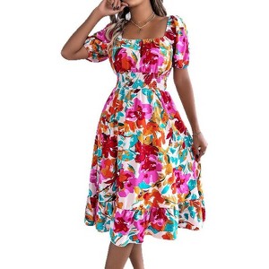 Coolmee Women Square Neck Short Sleeve Midi Dress Summer Boho Floral Swing Beach Dress - 1 of 4