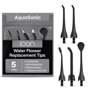 AquaSonic Icon Water Flosser Replacement Tips – 5 Tips, Standard, Periodontal, Orthodontic & Tongue Scraper - Genuine, Authentic Part - 1 of 4