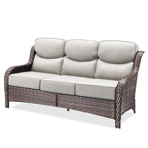 POCASSY 6" Thick Cushion High Back Outdoor Wicker Patio Sofa, All Weather Wicker Furniture 3-Seater Sofa Patio Couch for Porch - 1 of 4