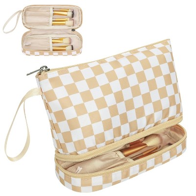Paaaawaters Stripe Makeup Brush Organizer Bag Travel Make up Bags for Women Double Layer Makeup Pouch for Girls/Women