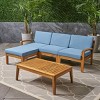 Outdoor Sectional Sofa Set, 3 Pcs Acacia Sofa Set for 3 People, Sectional Sofas with Acacia Table, Wood Frame and PE Cushions-Coolbibila - 2 of 4
