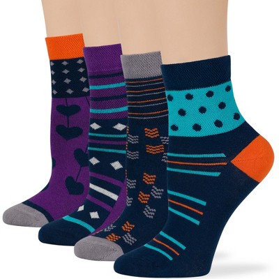 Women's Cotton Diabetic Quarter Patterned Socks - 4 Pack - Shoe Size 5-9 M, 8-12 L - Heart, Stripe, Flower - Black, Blue | 7BIGSTARS KINGDOM