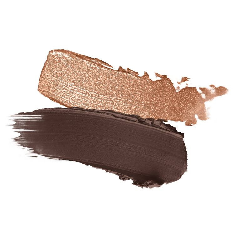 Two swatches of makeup, one in a shimmery bronze and the other in a deep brown, representing the highlight and contour shades.
