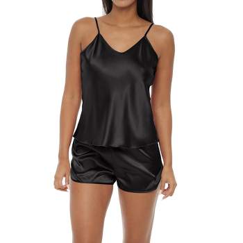 Cheibear Womens 4pcs Sleepwear Pjs Satin Lingerie Cami With Shorts Robe  Pajama Set Black Medium : Target