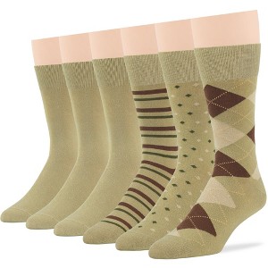 Men's Dress Socks Cotton - 6 pack- Seamless - Argyle, Dot, Striped - Shoe Size 9-12 L - Black, Brown | 7BIGSTARS KINGDOM - 1 of 4