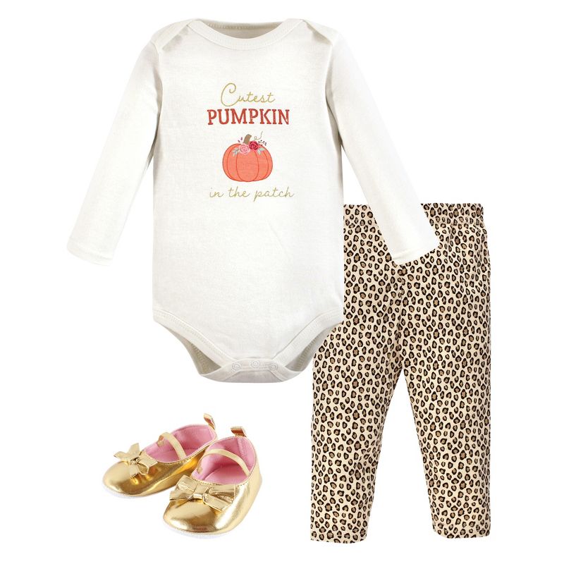 Hudson Baby Infant Girl Cotton Bodysuit, Pant and Shoe Set, Cutest Pumpkin, 1 of 7