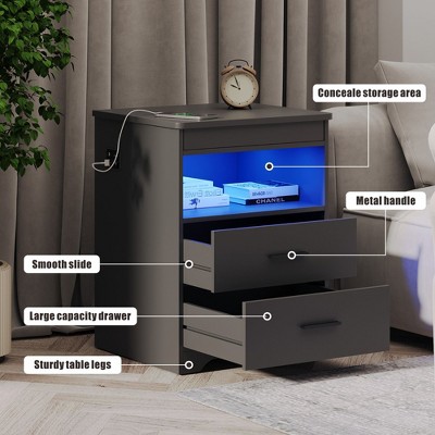 Vlsrka Black Bedside Table with Hidden Storage Compartment, Smart Nightstand Featuring USB & Type-C Charging Ports and Motion-Activated LED Light