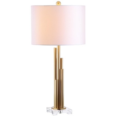 Hopper Brass Gold Table Lamp Set with White Linen Shade