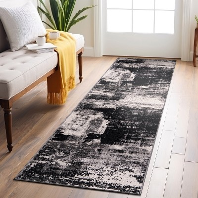 Black and Gray Abstract Stain-Resistant Runner Rug 2' x 7'