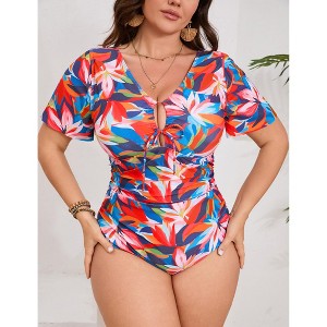 Women Plus Size One Piece Swimsuits Tummy Control Bathing Suits V Neck Ruffle Sleeve Swimwear - 1 of 4