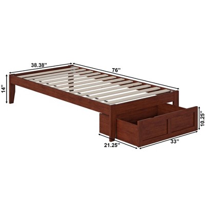 Walnut Twin Wood Frame Bed with Foot Drawer and USB Charger
