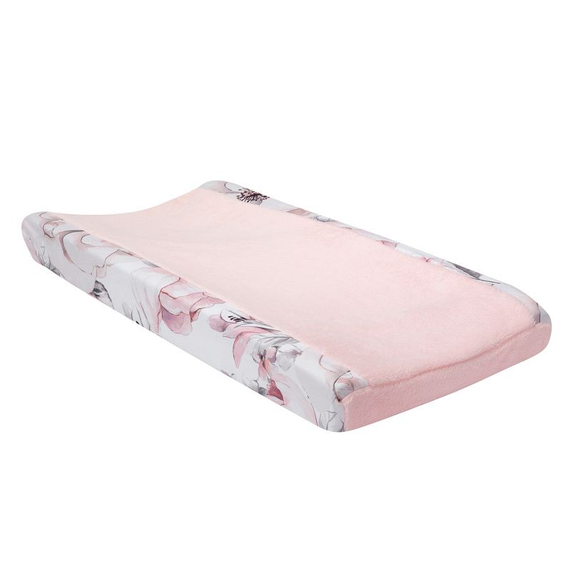 Lambs & Ivy Signature Botanical Baby Pink/Gray Floral Minky Changing Pad Cover, 1 of 6