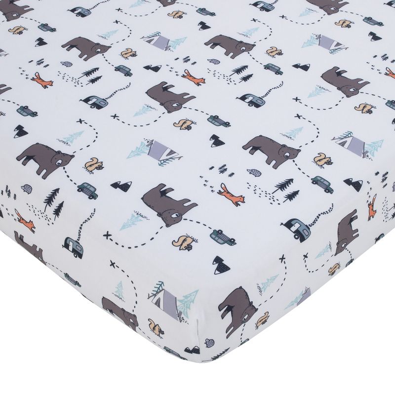 Carter's Woodland Friends White and Multi Colored Bear, Fox, Squirrel, Tree, and Camper Fitted Crib Sheet, 1 of 6