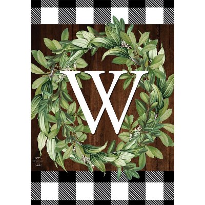 Wreath Monogram W Double-Sided Outdoor Flag with Greenery Design