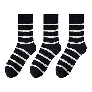Anna-Kaci 3 Pairs Women's Striped Crew Socks with Ribbed Knit Design and Anti-Pilling Cotton Blend - 1 of 4