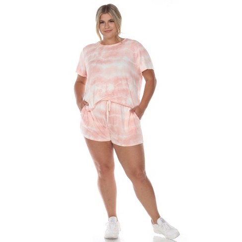 Plus Size 2 Piece Top & Shorts Lounge Set 1X Pink- White Mark