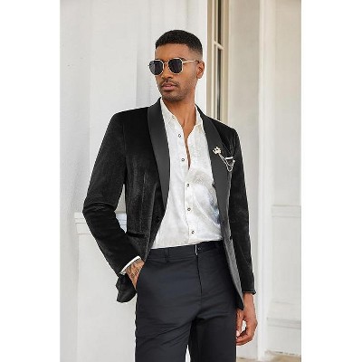 COOFANDY Men's Velvet Tuxedo One Button Jacket Dinner Prom Wedding Blazer Jacket Black M — фото 2