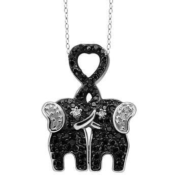 Women's Sterling Silver Accent Round-Cut Black and White Diamond Pave Set Elephant Pendant (18")
