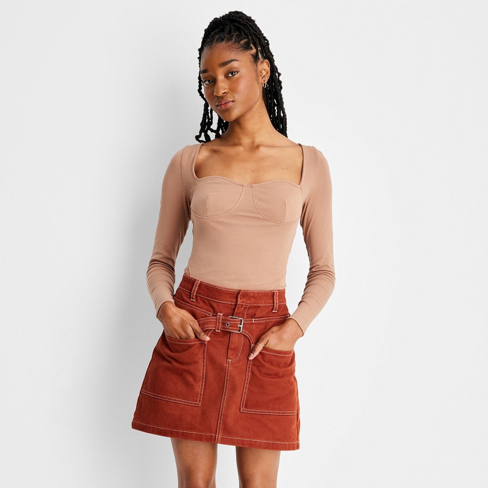 Women's Long Sleeve Sweetheart Corset Top - Future Collective™ with Reese Blutstein Tan   L