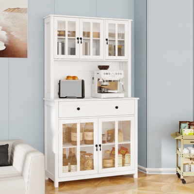 KWPZQEB Buffet Storage Cabinet, Kitchen Pantry Cabinet with Glass Door, Drawer & Unique Bell Handle, Wood Coffee Bar Station for Living Room, Kitchen