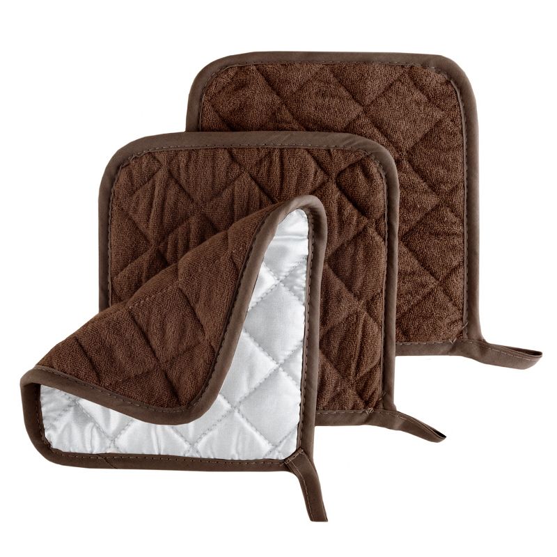 Pot Holder Set, 3 Piece Set Of Heat Resistant Quilted Cotton Pot Holders By Hastings Home (Chocolate), 1 of 7