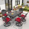7-Piece Rectangle Cast Aluminum Outdoor Patio Dining Set with Swivel Chairs & Brown Cushions & Umbrella Hole - 2 of 4