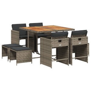 vidaXL Patio Dining Set with Cushions - 9 Piece Gray Poly Rattan Garden Furniture - Compact Storage, Washable Covers, Acacia Wood Table Top - 1 of 4