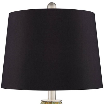Azure Blue and Brown Art Glass Table Lamps Set with Black Fabric Shades