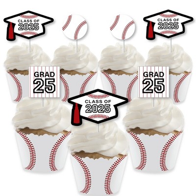 Big Dot of Happiness Grad Baseball - Cupcake Decoration - 2025 Graduation Party Cupcake Wrappers and Treat Picks Kit - Set of 24