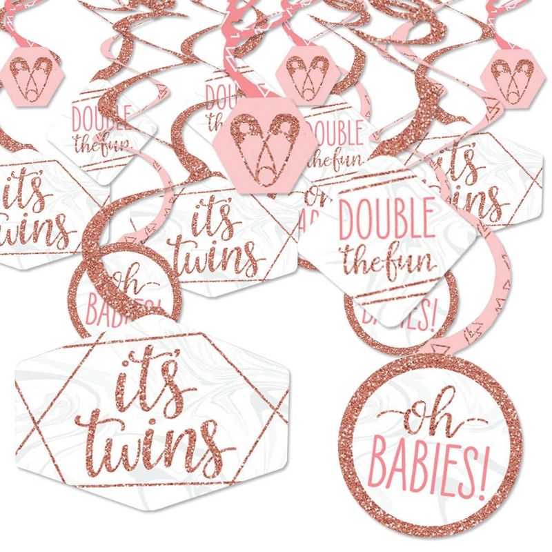 Big Dot of Happiness It's Twin Girls - Pink and Rose Gold Twins Baby Shower Hanging Decor - Party Decoration Swirls - Set of 40, 1 of 9