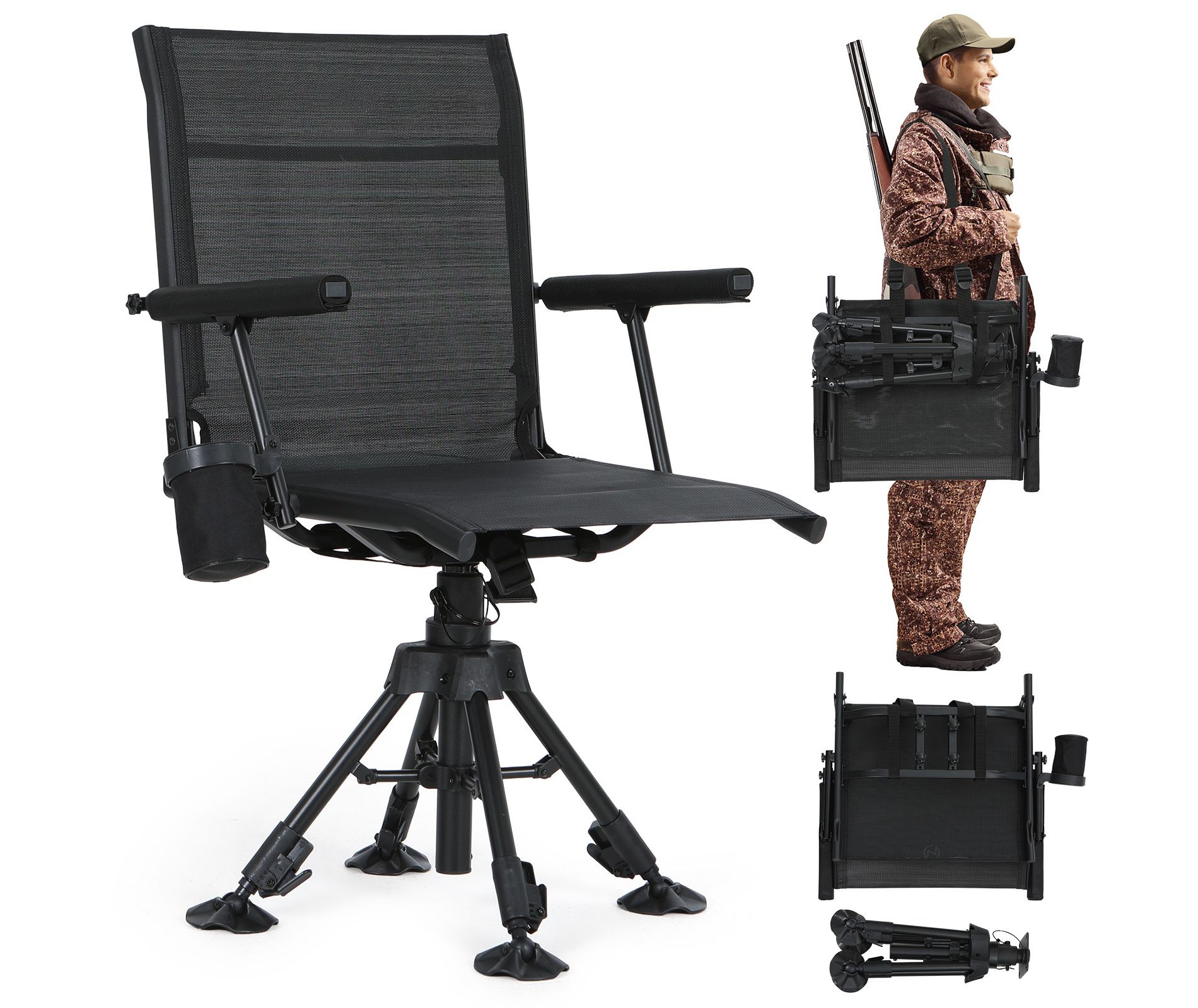 MUKE Silent 360 Degree Swivel Hunting Chair, Adjustable Height, Folding Heavy-Duty Blind Seat with Armrests, No-Sink Feet, Cup Holder & Shoulder Strap
