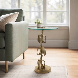 Boho Glam Glass & Aluminum Accent Table with Sculptural Banana Leaf Base Side Table for Living Room, Bedroom, or Office 22" Gold - 1 of 4
