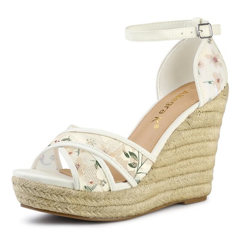 Allegra K Women's Floral Lace Mesh Wedges Sandals White 10 : Target