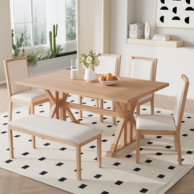 6-Piece Classical Dining Table Set with Trestle Legs, 4 Upholstered Dining Chairs and 1 Bench 4S - ModernLuxe