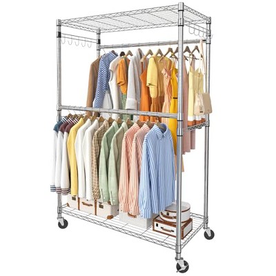 Simple Trending Rolling Clothes Rack, Clothing Rack, Garment Racks for Hanging Clothes, Freestanding Portable Closet Organizer, Heavy Duty,Chrome
