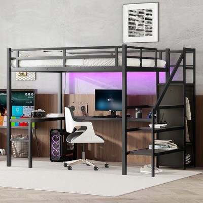 ALEXOUN Metal Loft Bed with L Shaped Desk and Wardrobe, Heavy Duty Loft Bed Frame with Storage Stairs,Space Saving Loft Bed, Black