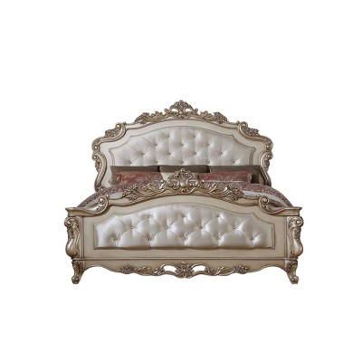 King Cream Upholstered Wood Panel Bed with Tufted Headboard