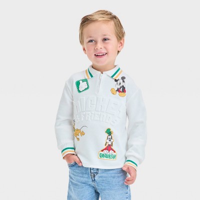 Toddler Boys' Disney Mickey Mouse Collar Quarter Zip Fleece Pullover Top - Off-White