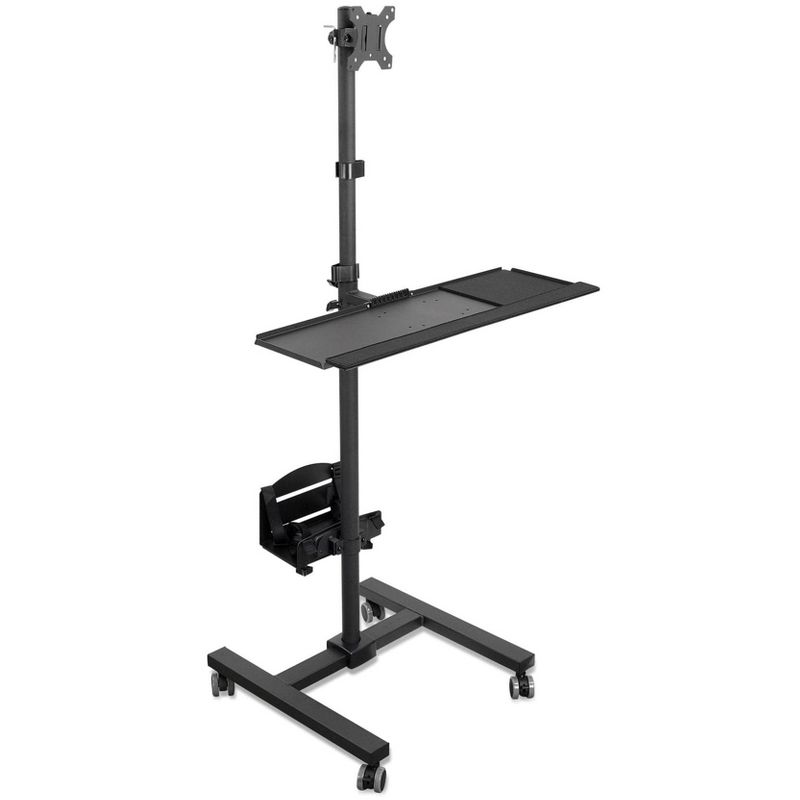 Mount-It! Height Adjustable Rolling Computer Cart, Mobile Workstation with Tray Monitor Mount and CPU Holder for Office and Industrial Use, Black, 1 of 12