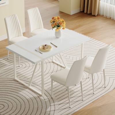 NicBex 5 PCS/7 PCS Cream-Style White MDF Dining Table Set with 4/6 Vertical Stripes Design Backrest Chairs for Kitchen/Apartment,White