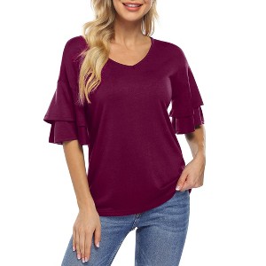 BLUEMING Womens Flutter Elbow Sleeve Shirts V Neck Tee Blouse Pagoda Sleeve T-Shirts Summer Tee Blouse Flowy Tops - 1 of 4