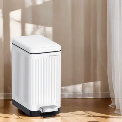 Slim White Stainless Steel Bathroom Trash Can with Soft Close Lid
