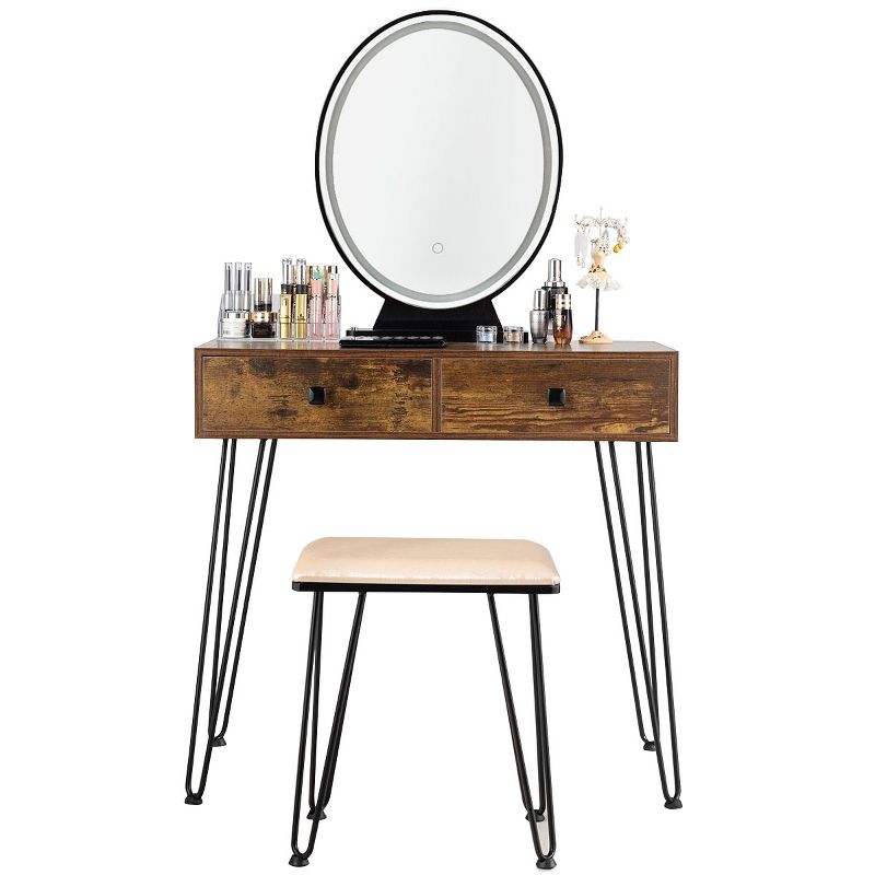 Tangkula Vanity Table Set Makeup Dressing Desk with Cushioned Stool & Lighted Mirror Rustic, 4 of 7