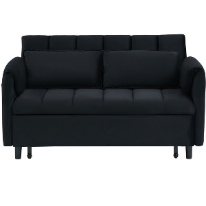 TiramisuBest 52" Modern Black Velvet Sofa Bed, 3-in-1 Convertible Loveseat with Pull-Out Bed, Pillows & Storage Pockets, Space-Saving for Living - 1 of 4