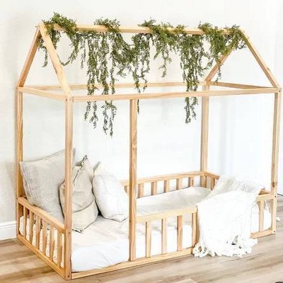 Natural Wood Twin House Bed Frame with Rails