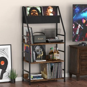 HDZNVF Record Player Stand With Vinyl Storage, 3 Tier Vinyl Records Display Turntable Shelf Holds Up To 400 Albums Brown - 1 of 4