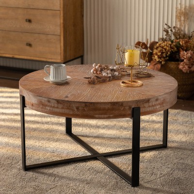 VYNXARIA Modern Round Coffee Table - Carved Pine Top with Golden Metal Legs
