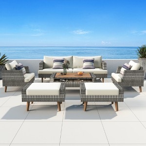 Merax 6-Piece All-Weather PE Wicker Patio Sofa Set with Wood Legs, Cushions & Coffee Table - 1 of 4