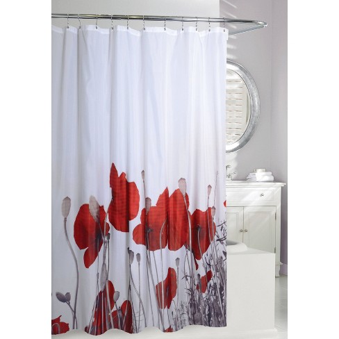 red shower curtain and rug set