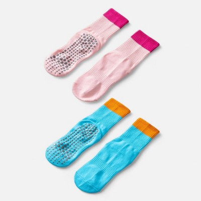 Anna-Kaci Women's Crew Grip Socks 2-Pack with Contrast Cuffs and Raised Textured Soles for Indoor Comfort